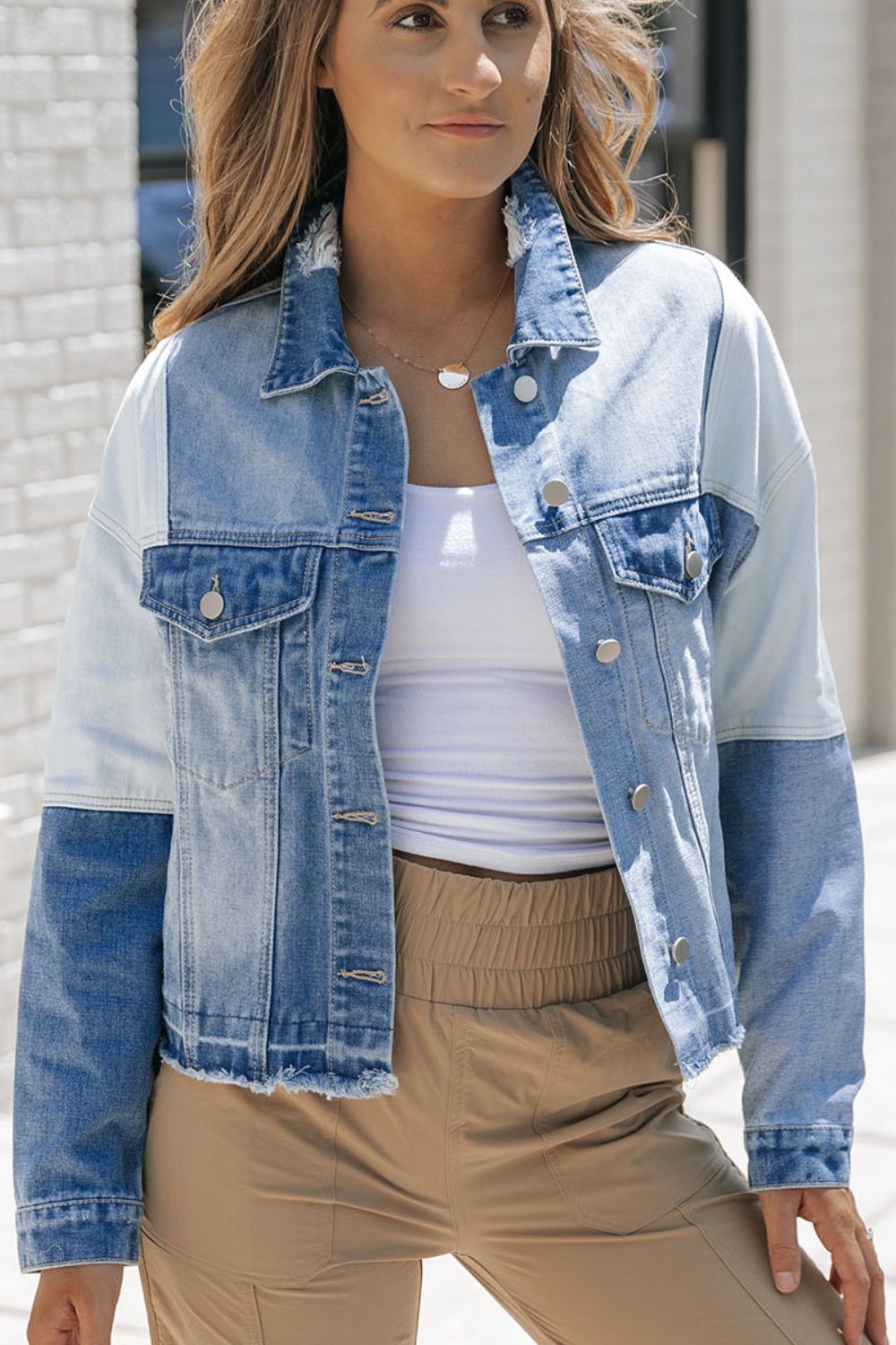 Distressed Button Up Drop Shoulder Denim Jacket