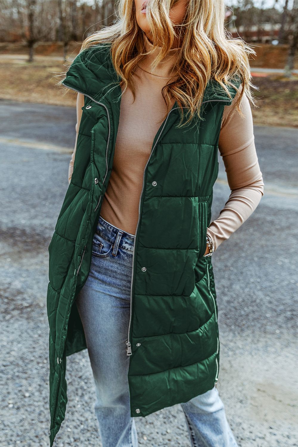 Longline Hooded Sleeveless Puffer Vest