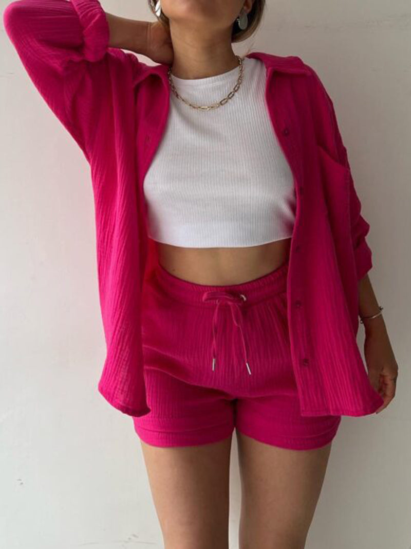 Texture Button Up Shirt and Drawstring Shorts Set