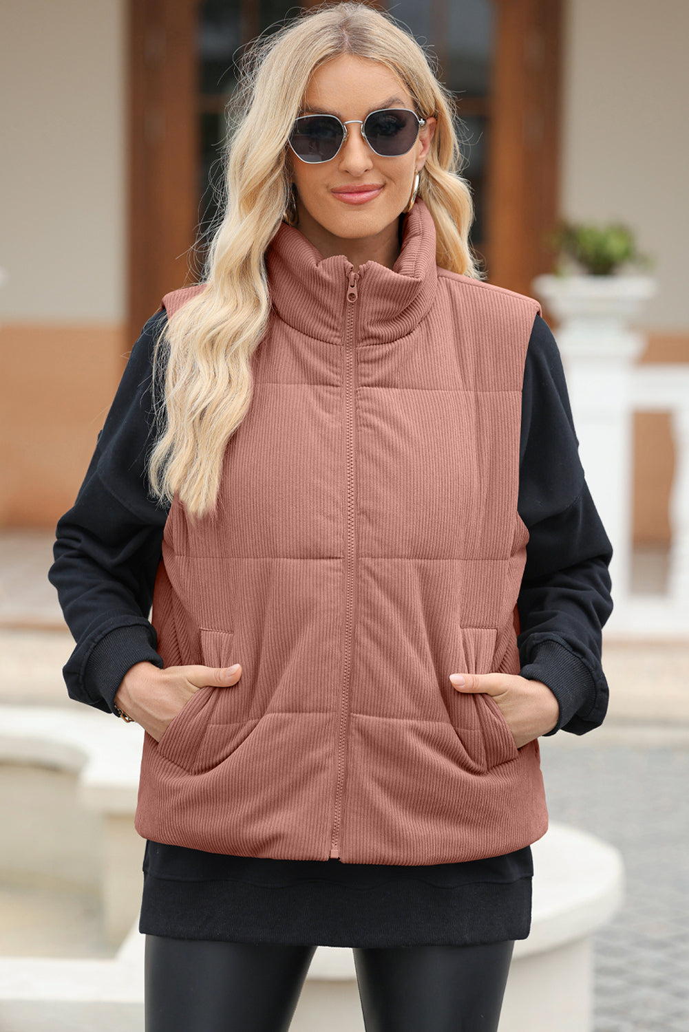 Pocketed Zip Up Turtleneck Vest Coat