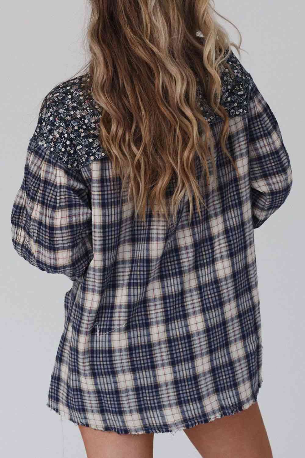 Plaid Notched Neck Slit Blouse