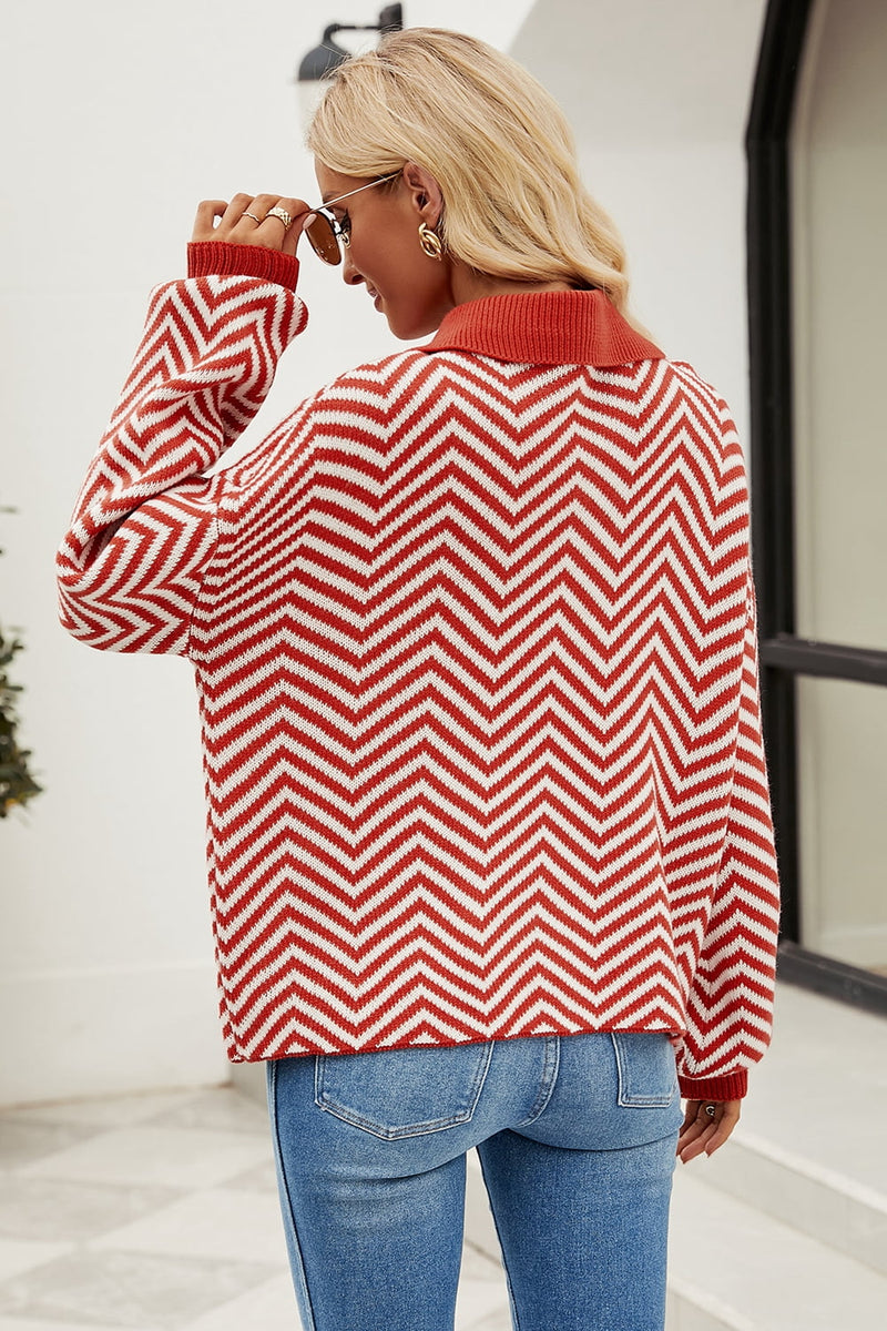 Striped Collared Neck Buttoned Pullover Sweater