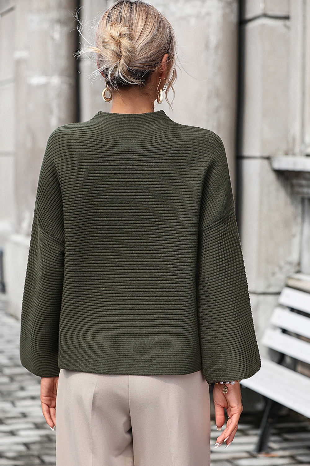 Mock Neck Dropped Shoulder Pullover Sweater