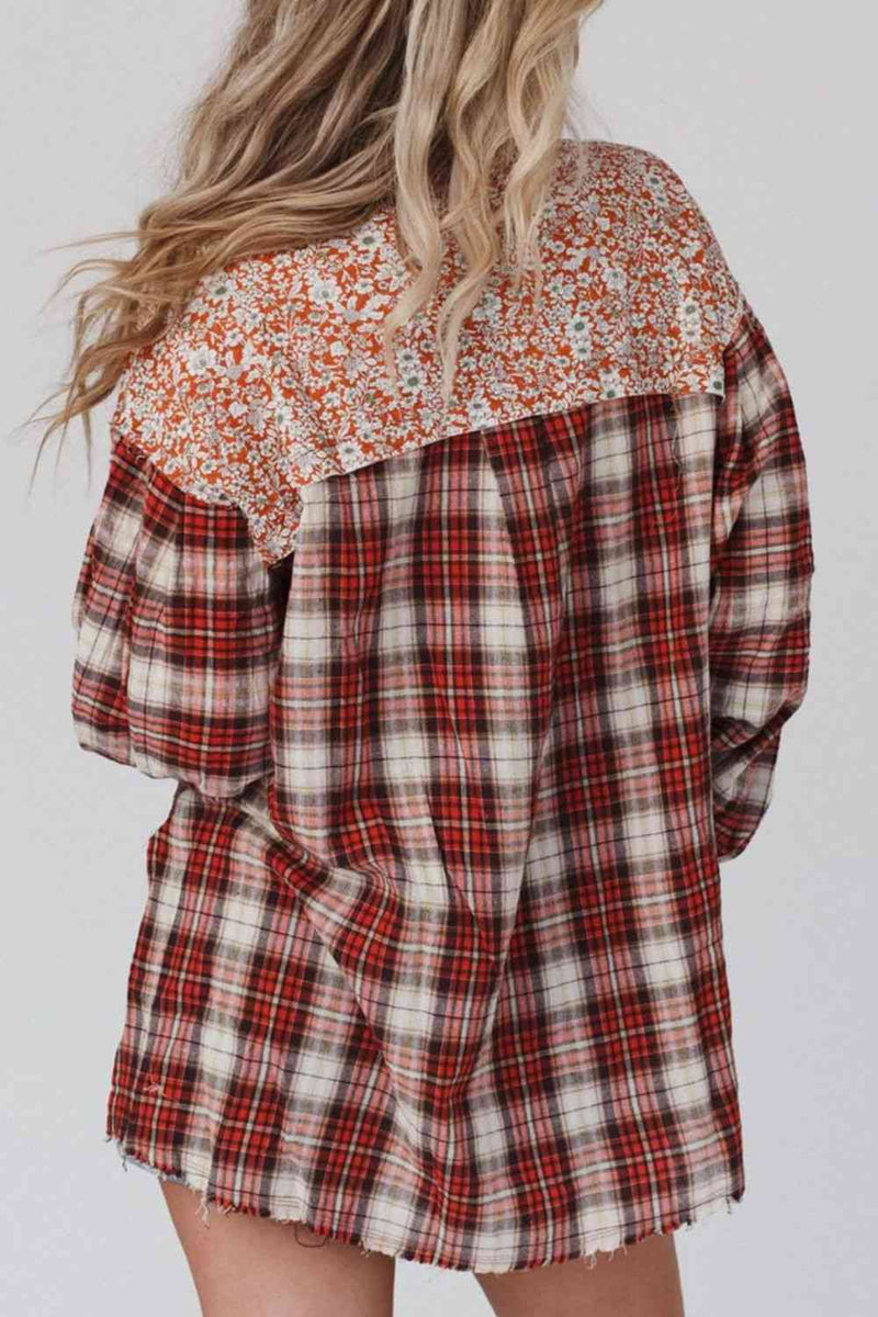 Plaid Notched Neck Slit Blouse