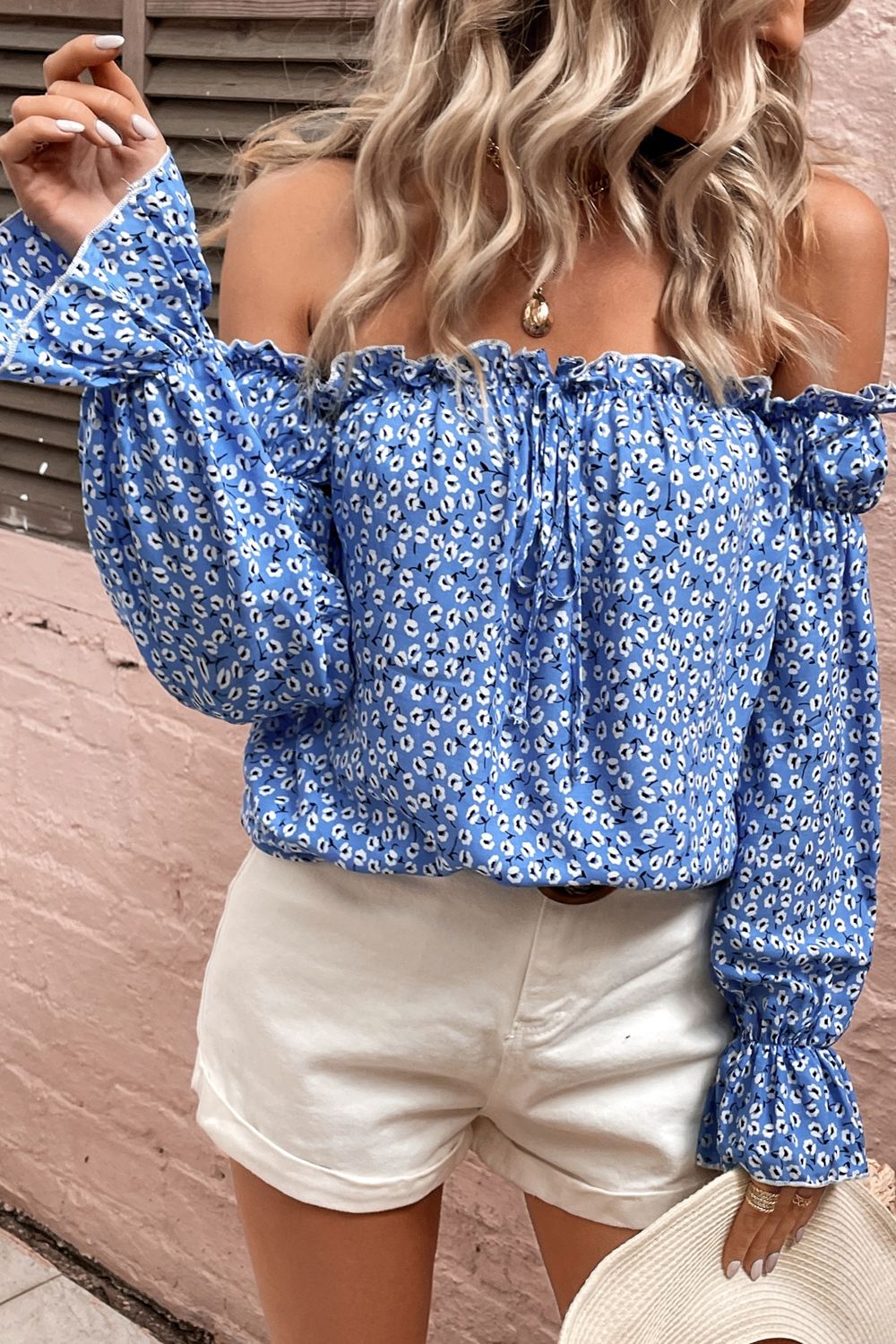 Off Shoulder Printed Frill Trim Blouse