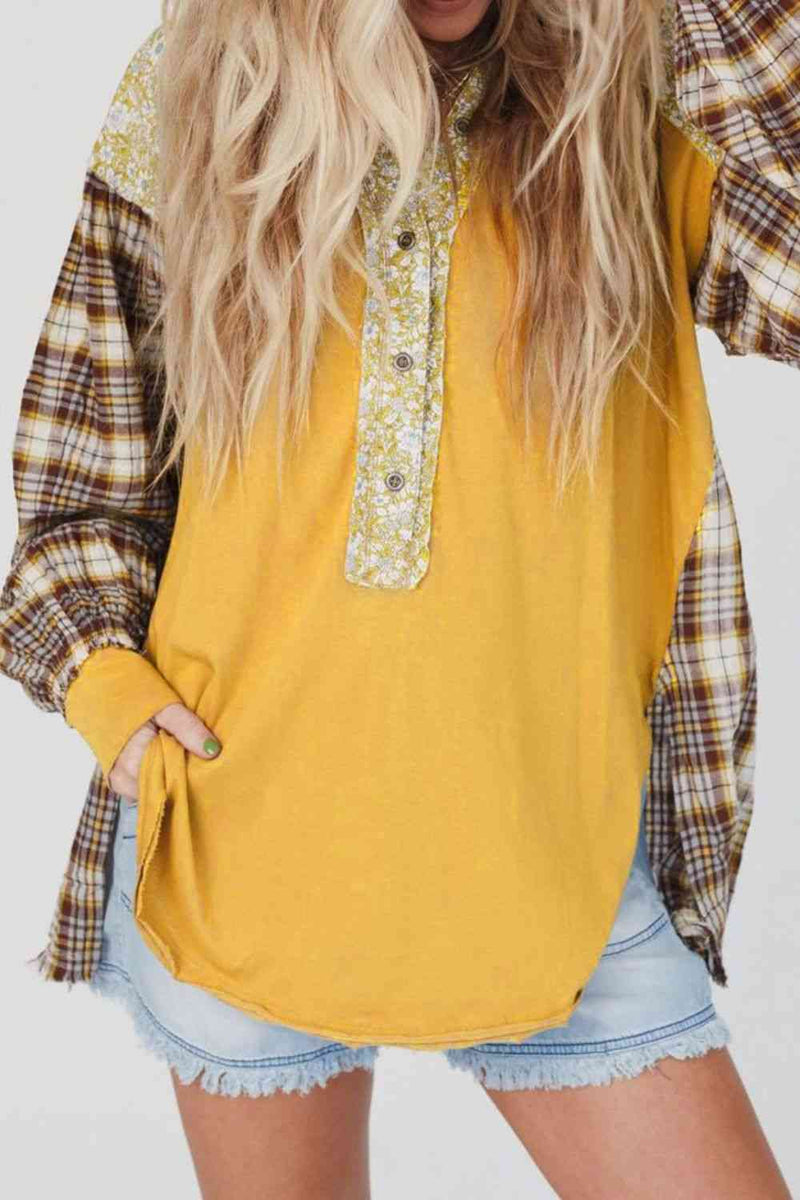 Plaid Notched Neck Slit Blouse