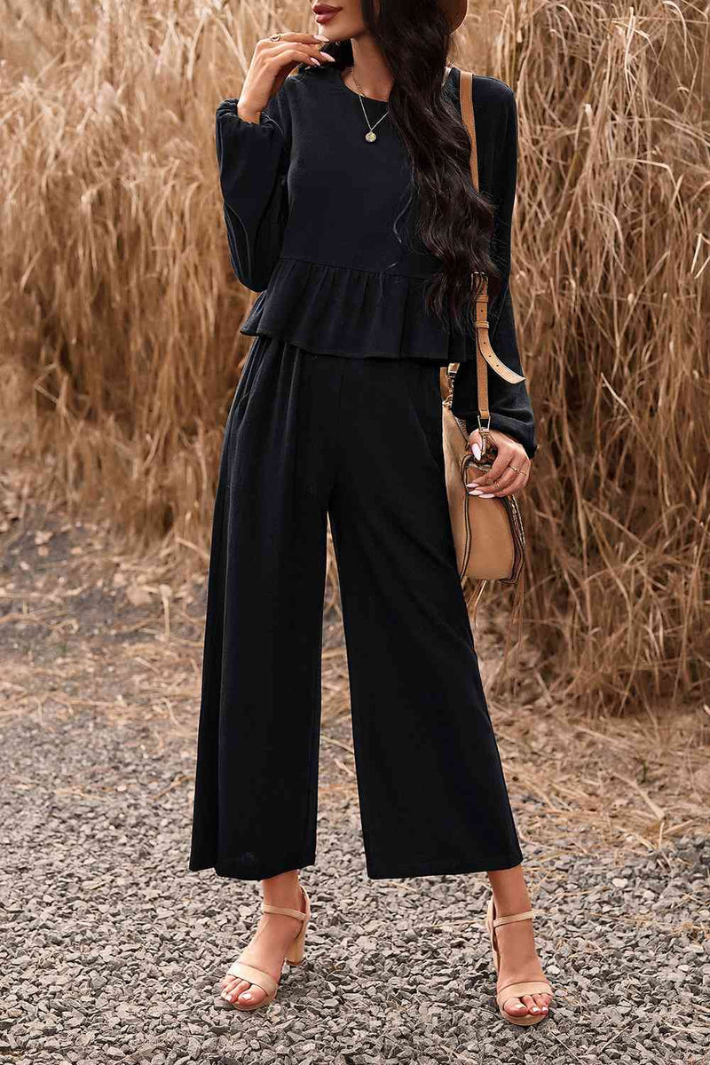 Round Neck Peplum Top and Pants Set