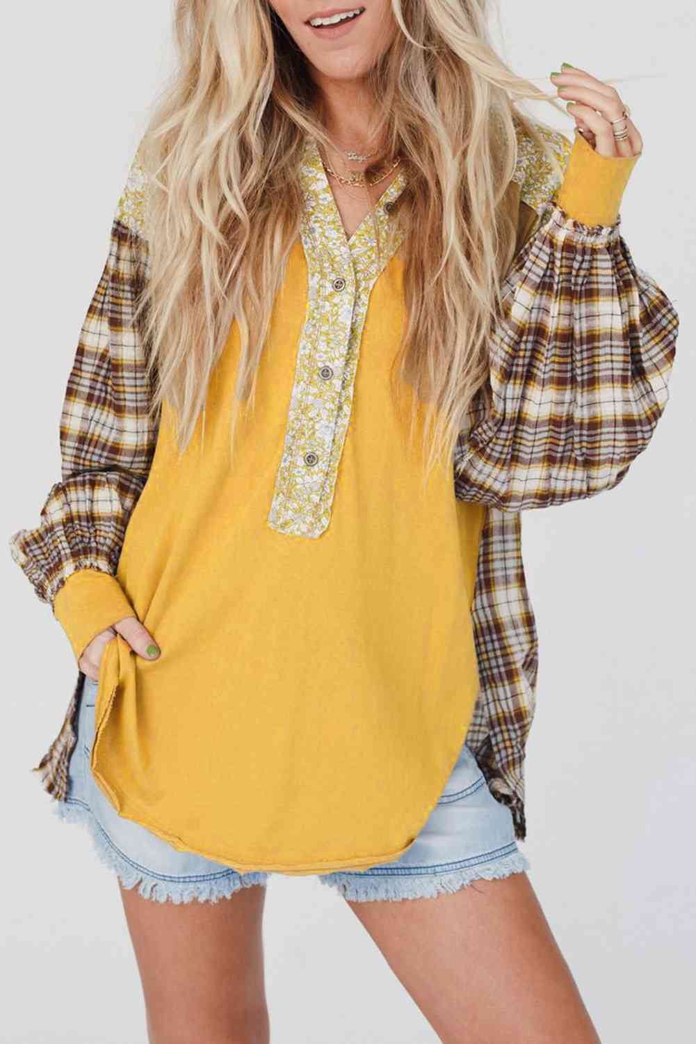 Plaid Notched Neck Slit Blouse