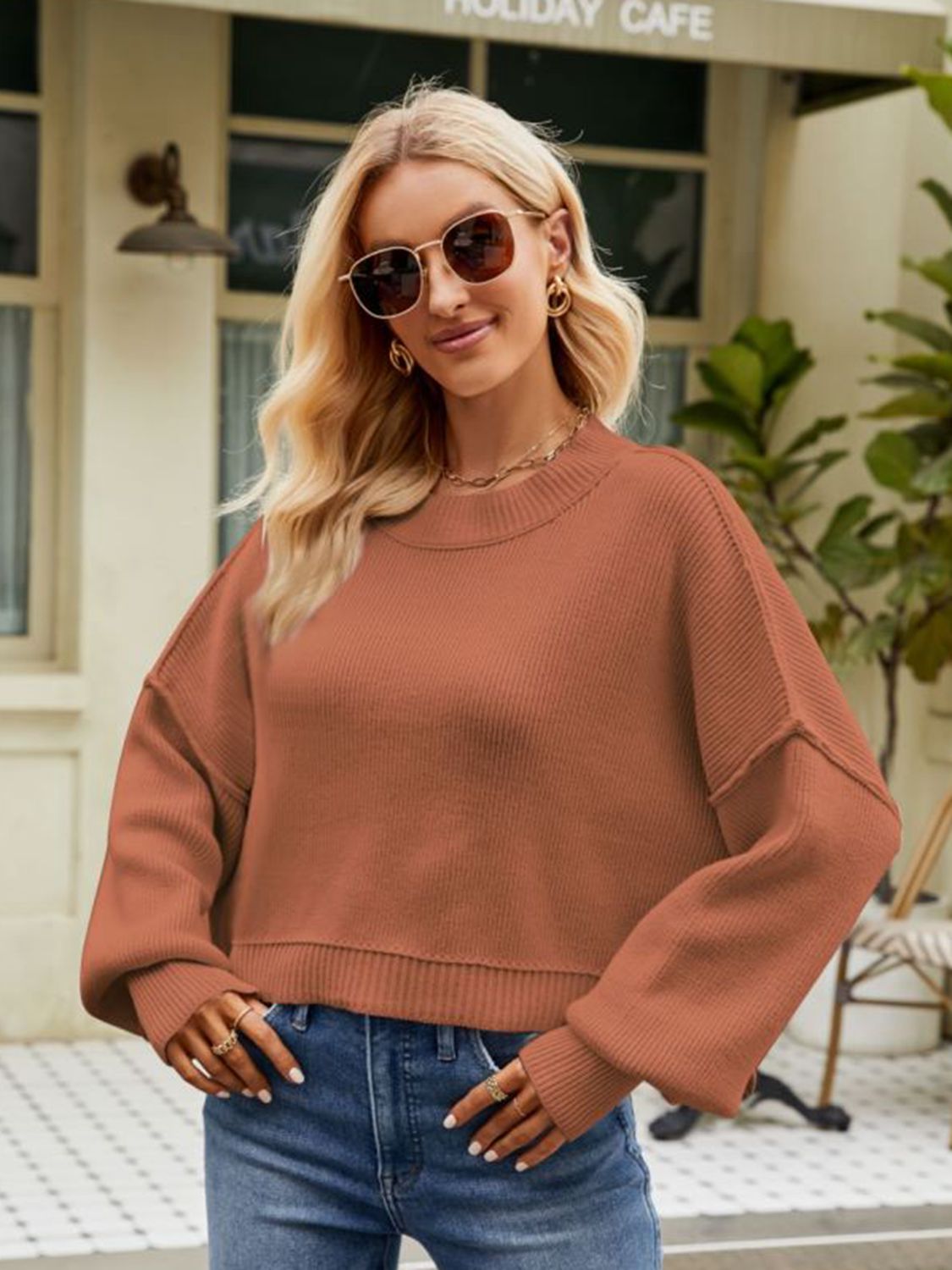 Round Neck Dropped Shoulder Sweater