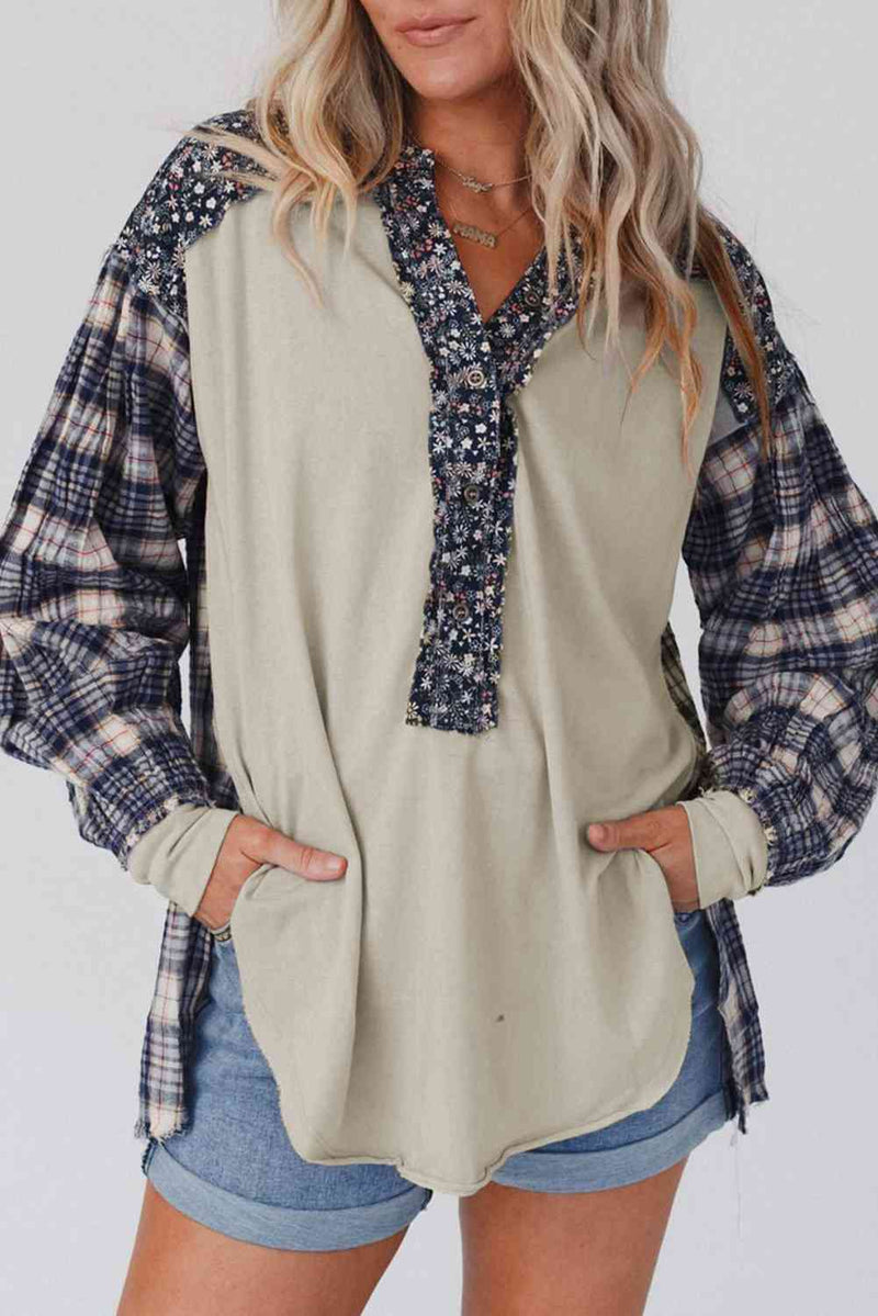 Plaid Notched Neck Slit Blouse