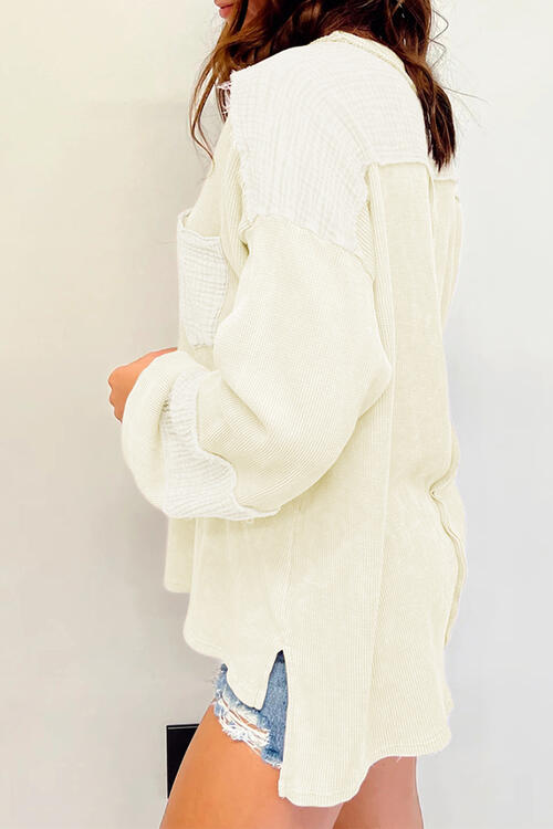 Waffle-Knit Exposed Seam Lantern Sleeve Blouse